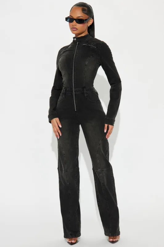 Mistaken Moments Denim Jumpsuit - Charcoal sold by Fashion Nova