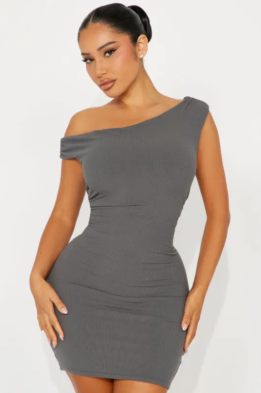 Beloved One Ribbed Mini Dress - Charcoal sold by Fashion Nova