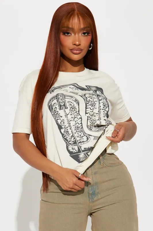 It's A Cowgirl Thing Washed Tee - Ivory/combo sold by Fashion Nova
