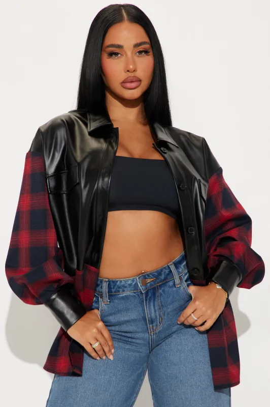 Roam Free Plaid Faux Leather Shirt - Black/combo made by Fashion Nova