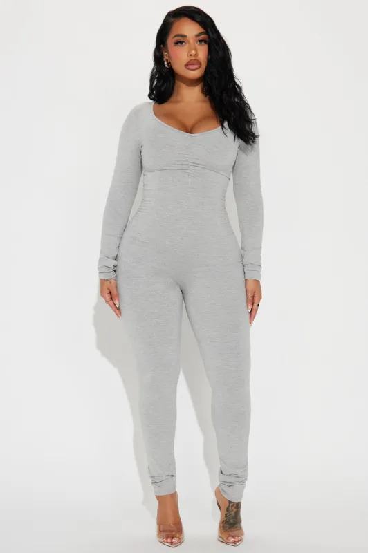 Always Will Butter Snatched Jumpsuit - Heather Grey sold by Fashion Nova