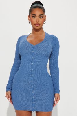 Jane Ribbed Mini Dress - Denim sold by Fashion Nova
