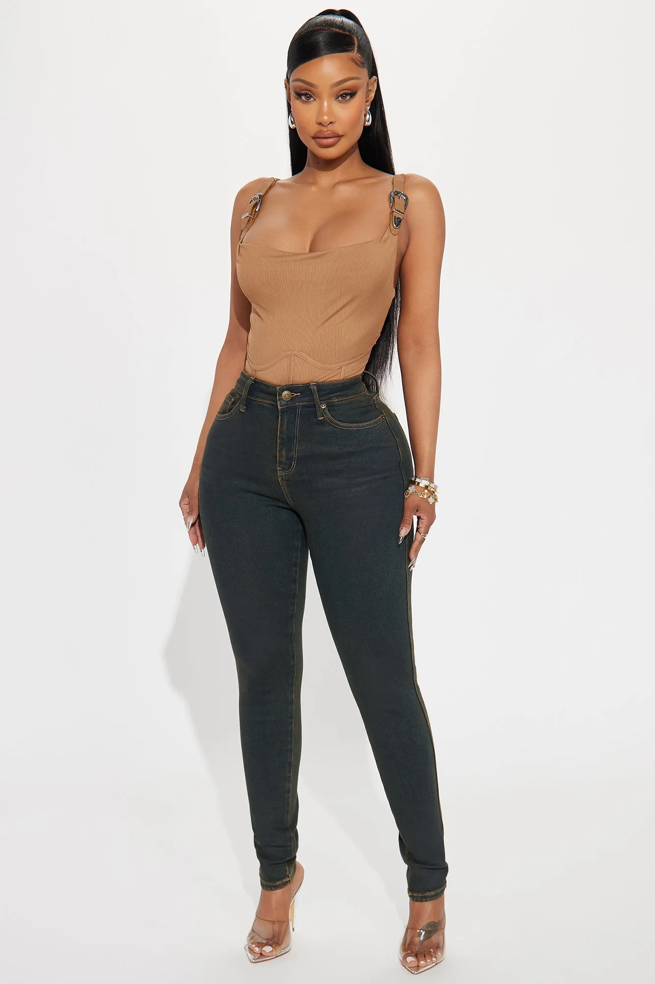 Clementine Coated Stretch Skinny Jeans - Brown sold by Fashion Nova