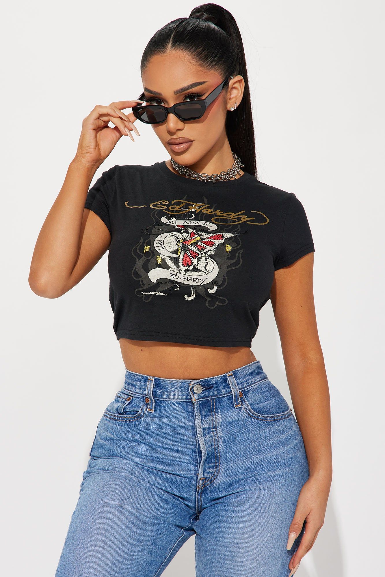Ed Hardy Mi Amor Rhinestone Tee - Black sold by Fashion Nova