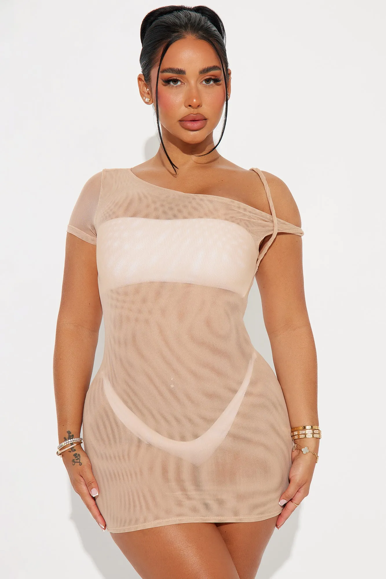 Kaylee Twist Straps Mesh Coverup Mini Dress - Mocha sold by Fashion Nova