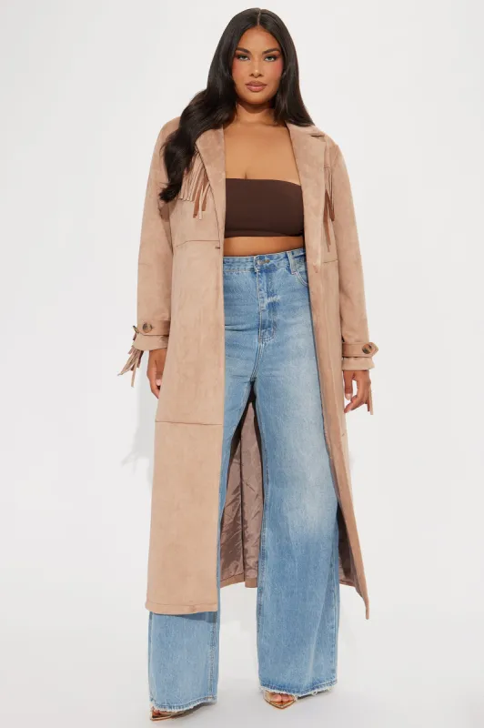 Fatima Fringe Faux Suede Trench - Taupe sold by Fashion Nova