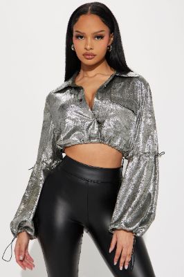Watch Me Metallic Shirt - Gunmetal sold by Fashion Nova