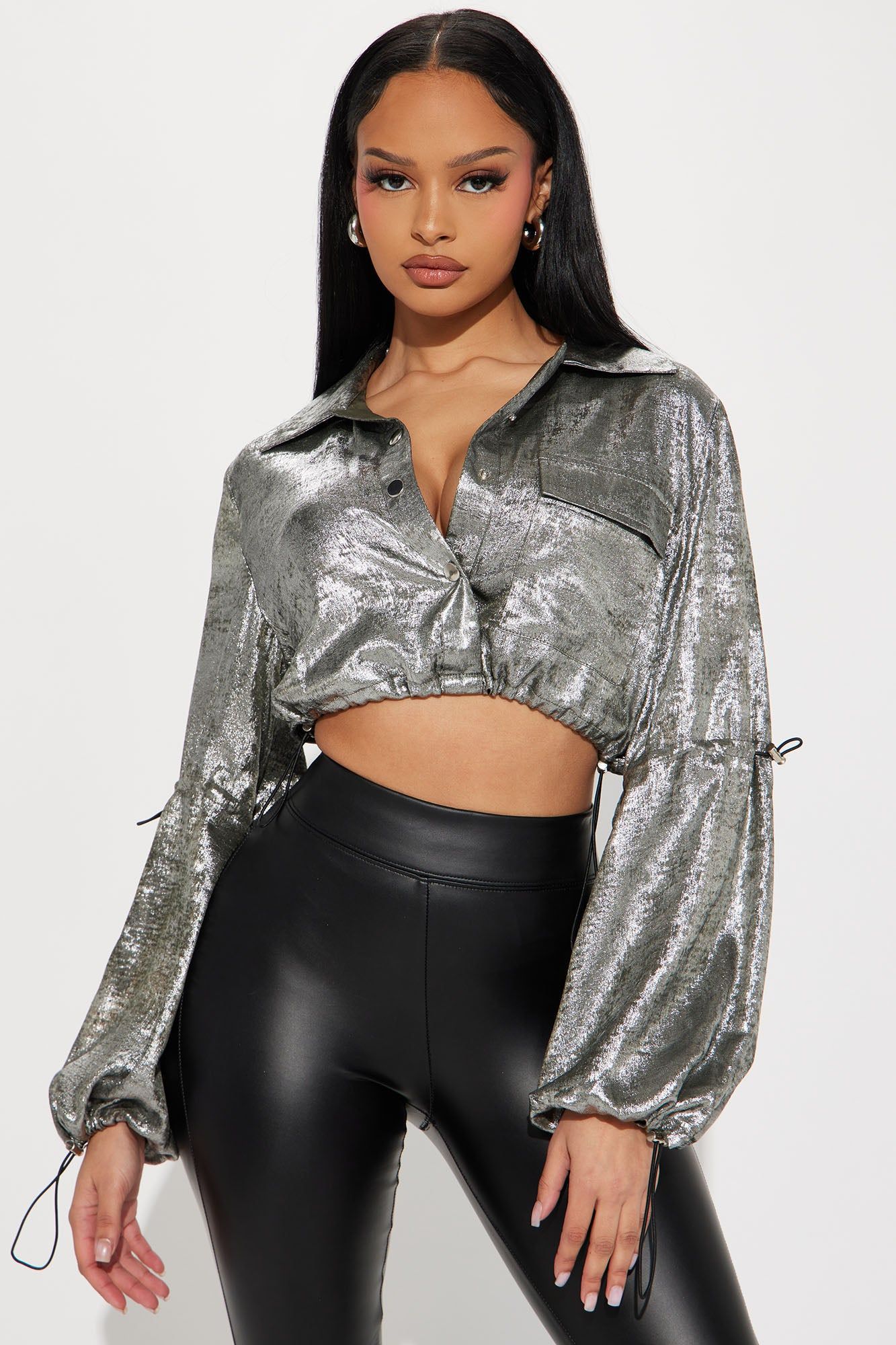 Watch Me Metallic Shirt - Gunmetal sold by Fashion Nova