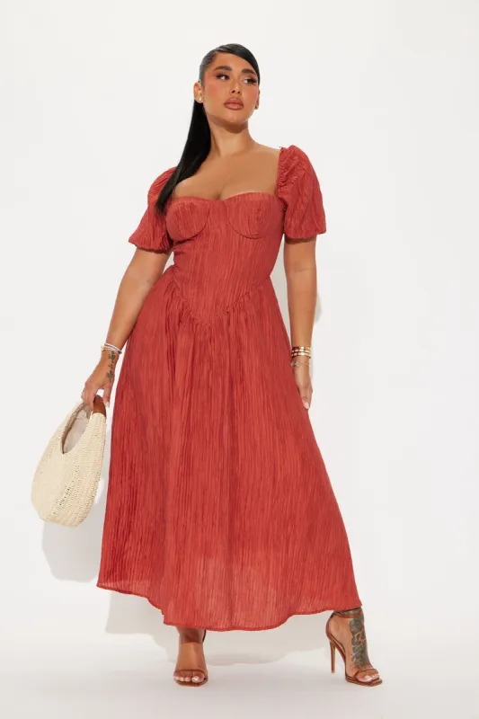 Celia Corset Textured Midi Dress - Rust sold by Fashion Nova