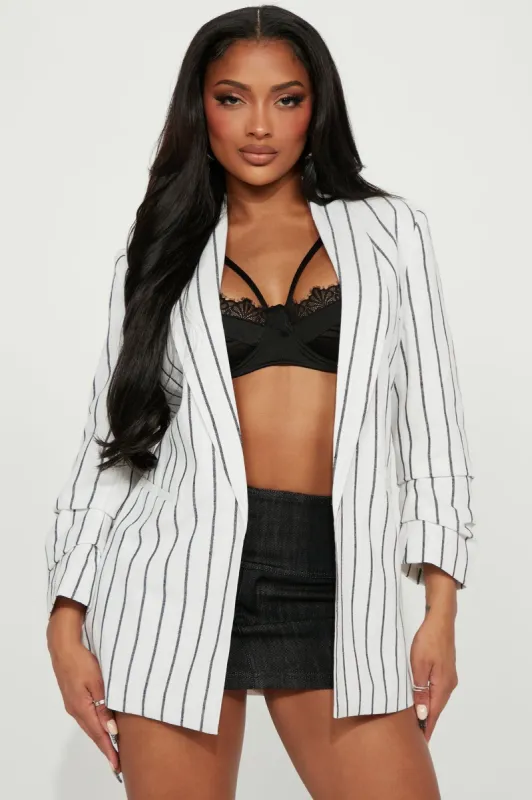 Walk The Walk Linen Pinstripe Blazer - White sold by Fashion Nova