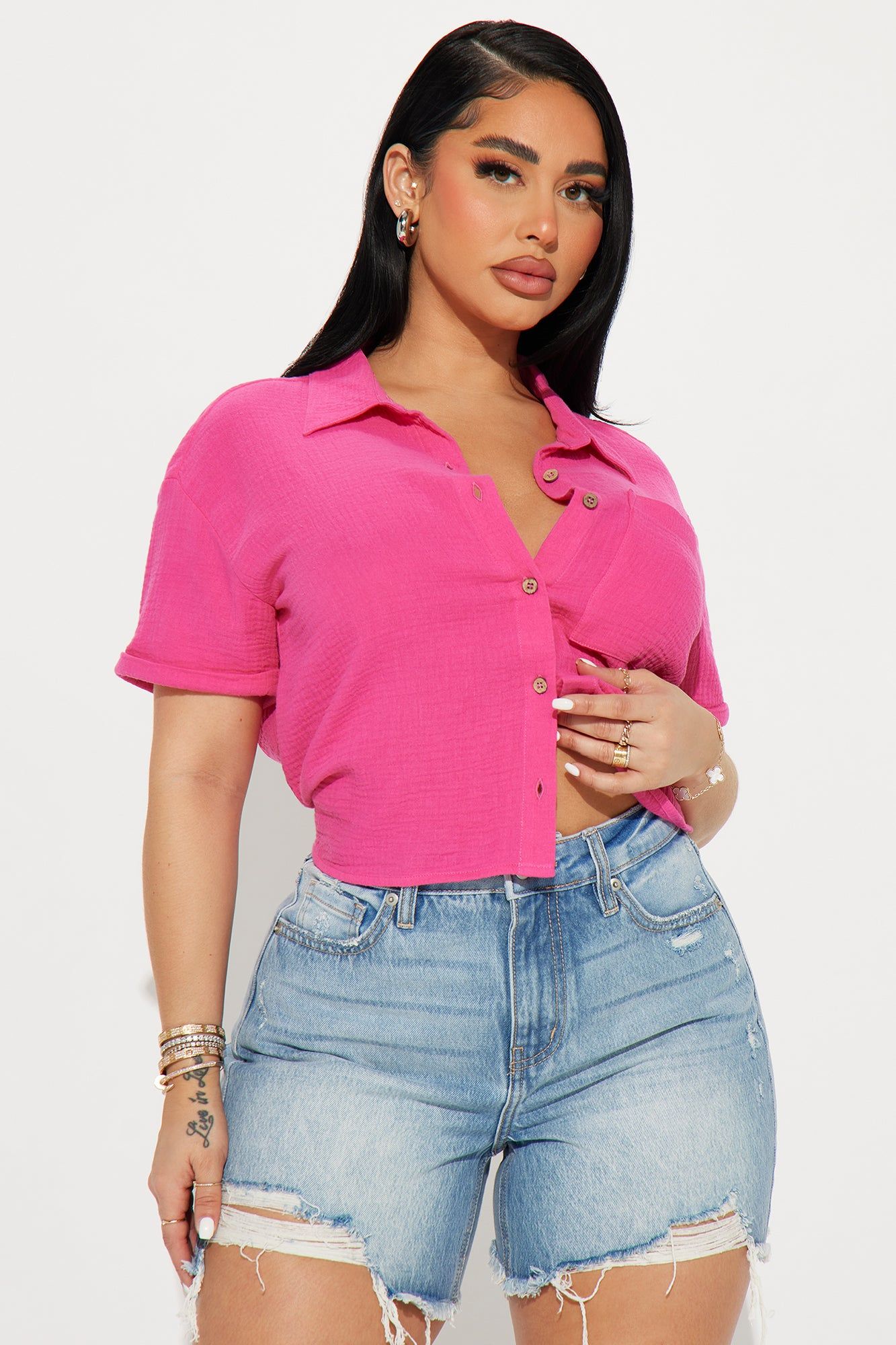 Warm Feeling Gauze Shirt - Fuchsia sold by Fashion Nova
