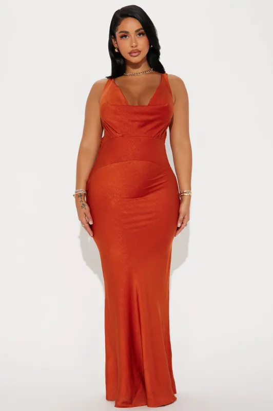 Adele Cowl Back Satin Gown - Rust sold by Fashion Nova
