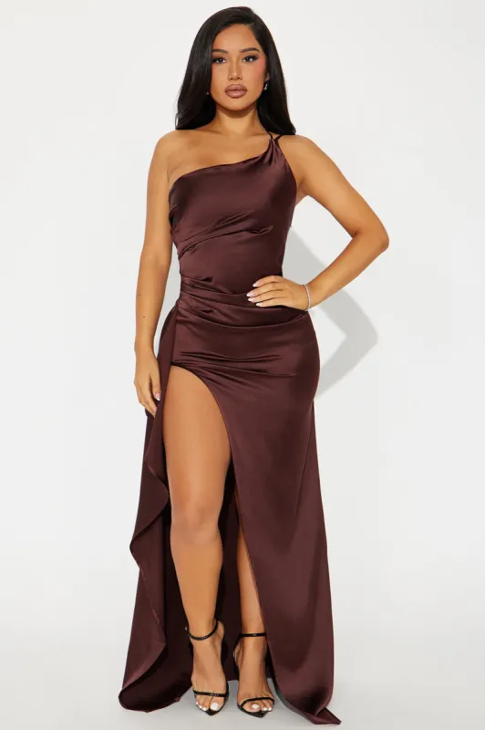 Angelic Aura Satin Gown - Chocolate sold by Fashion Nova