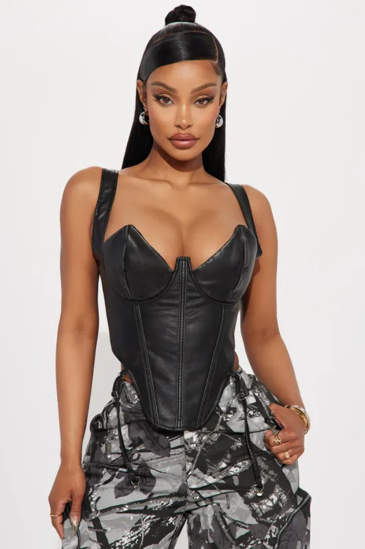 Beverly Washed Faux Leather Corset Top - Black sold by Fashion Nova