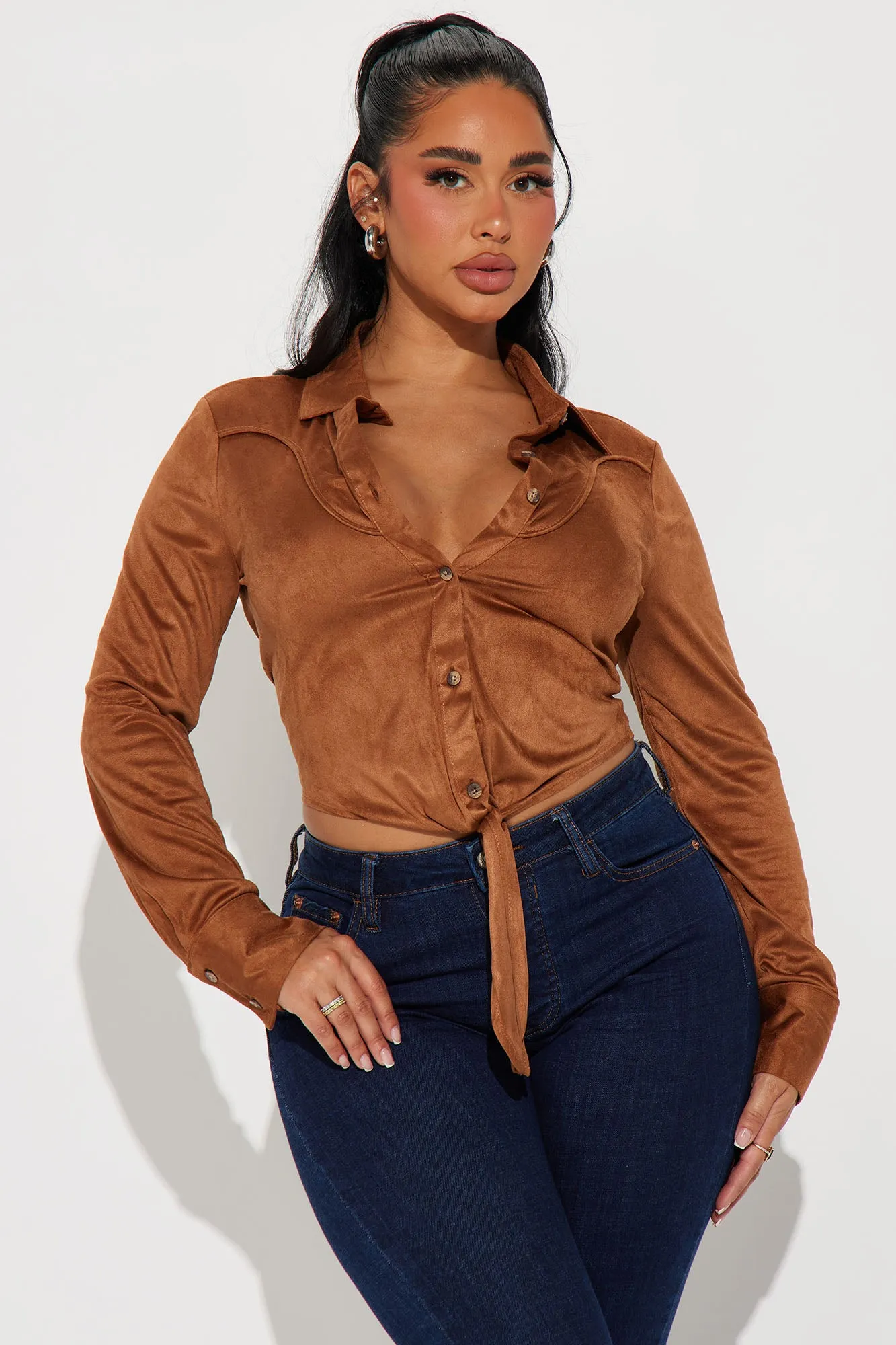 Yee Haw Faux Suede Shirt - Camel sold by Fashion Nova