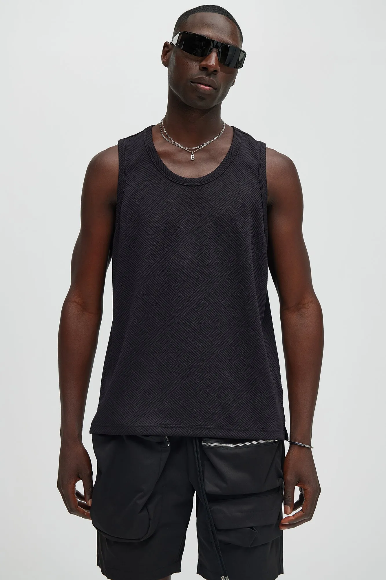 Easton Geo Textured Relaxed Tank Top - Black sold by Fashion Nova