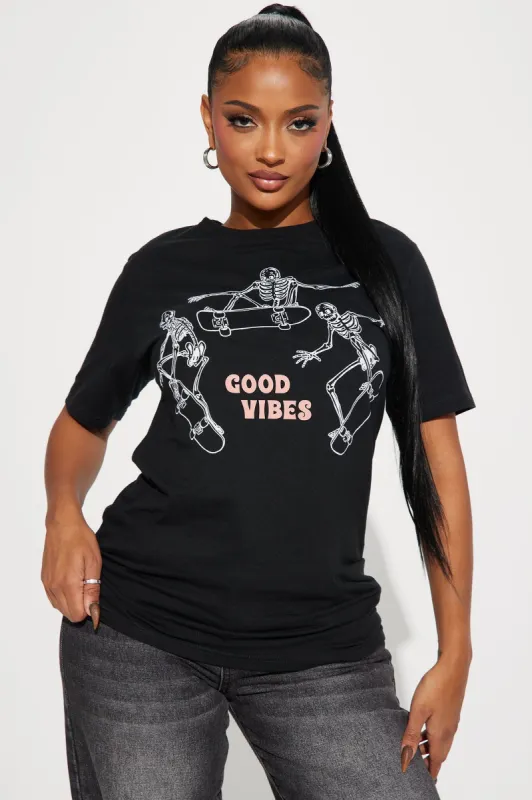 Good Vibes Skeleton Graphic Tee - Black sold by Fashion Nova