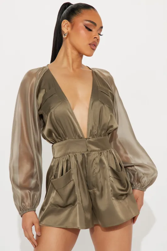 All About Me Satin Romper - Olive sold by Fashion Nova