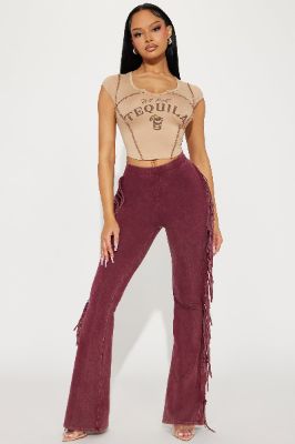 Kristen Fringed Flare Pant - Burgundy sold by Fashion Nova
