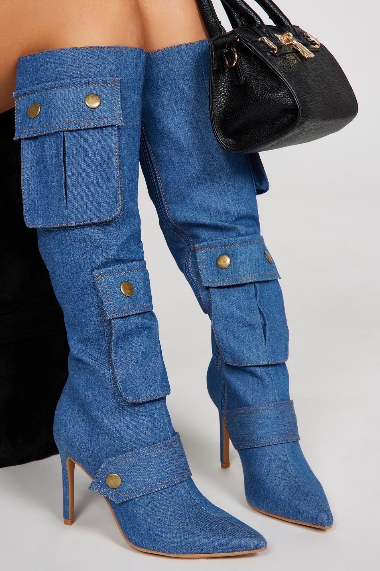 The OG Trendsetter Knee High Heeled Boots - Denim sold by Fashion Nova