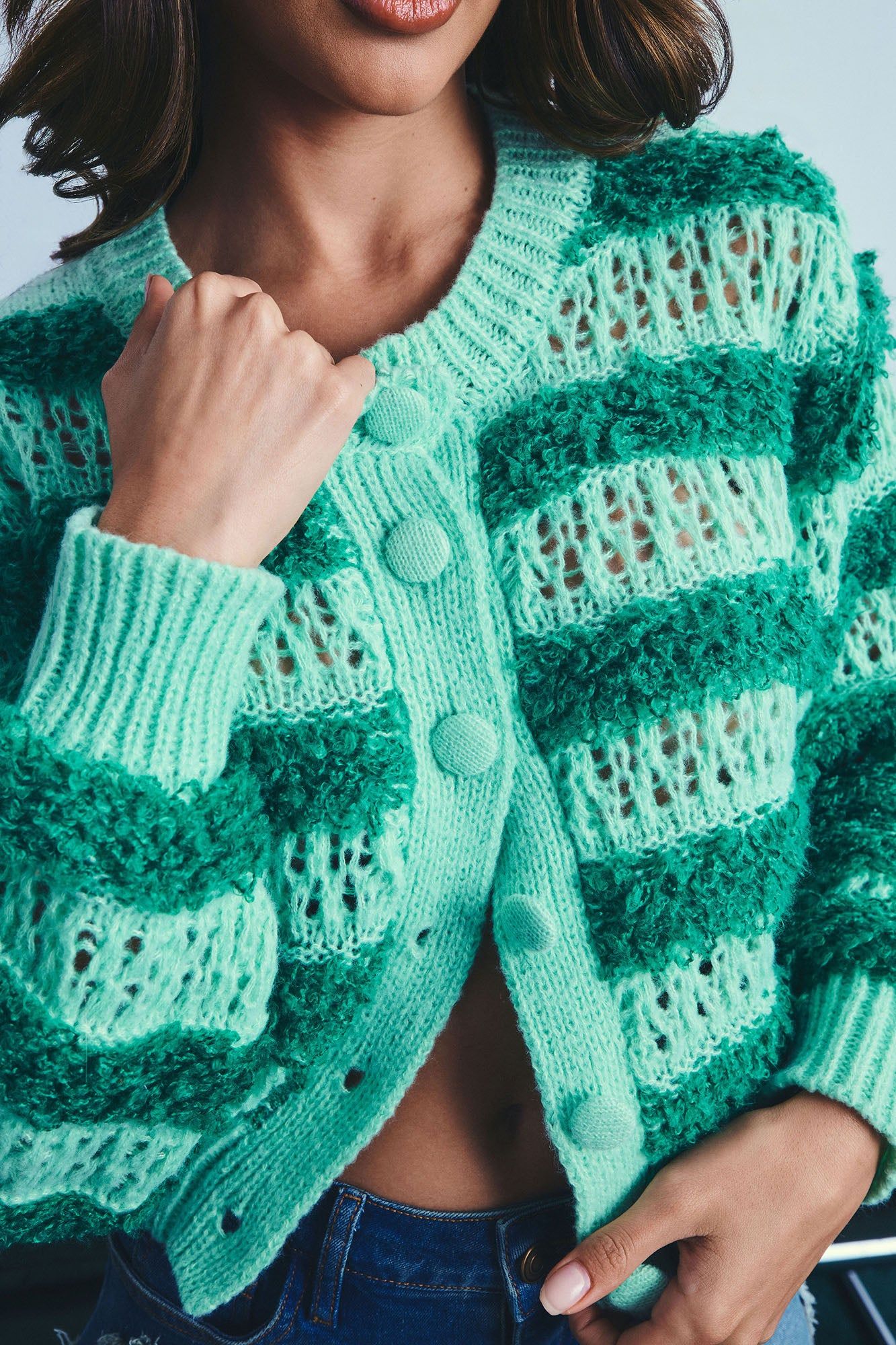 Minty Mood Crochet Cardigan Sweater - Mint/combo sold by Fashion Nova