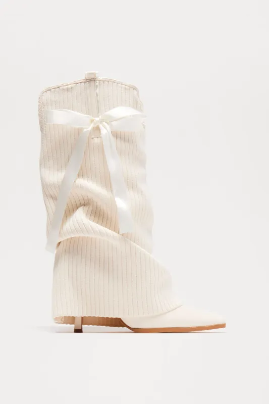 Luckie Bow Knee High Boots - Cream sold by Fashion Nova