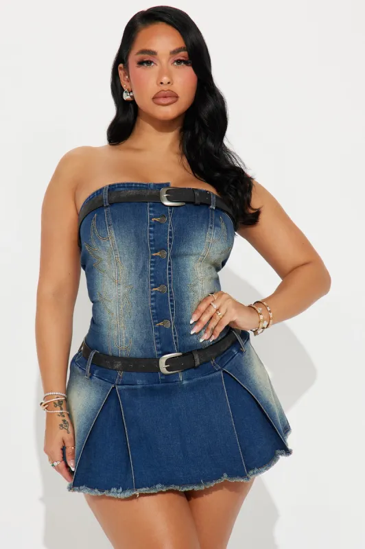 Urban Cowgirl Denim Micro Mini Dress - Dark Wash sold by Fashion Nova