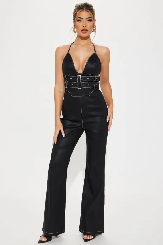 Imani Coated Jumpsuit - Black sold by Fashion Nova