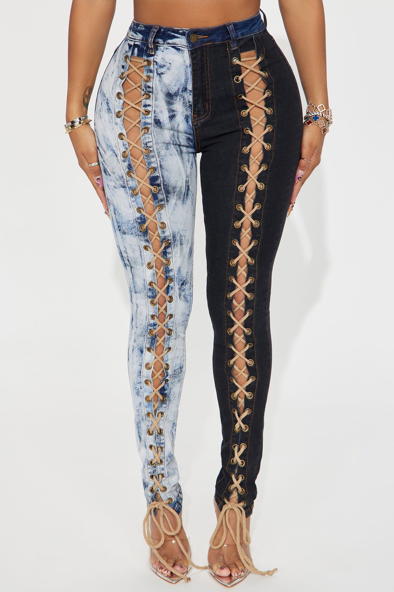 Crossed Paths Stretch Two Tone Lace Up Skinny Jeans - Acid Wash sold by Fashion Nova product image thumbnail 2