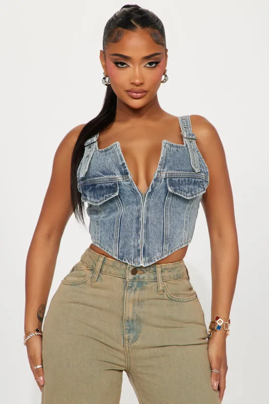 Never Too Late Denim Corset Top - Light Wash sold by Fashion Nova