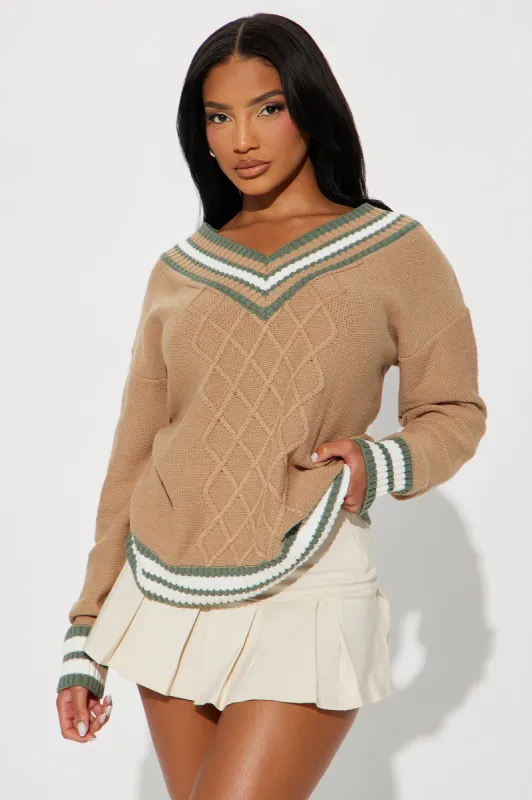 Tennis Practice Varsity Sweater - Taupe/combo sold by Fashion Nova