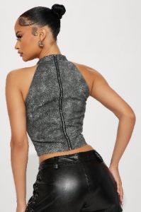 Sticks And Stones Faux Leather Corset Top - Charcoal sold by Fashion Nova