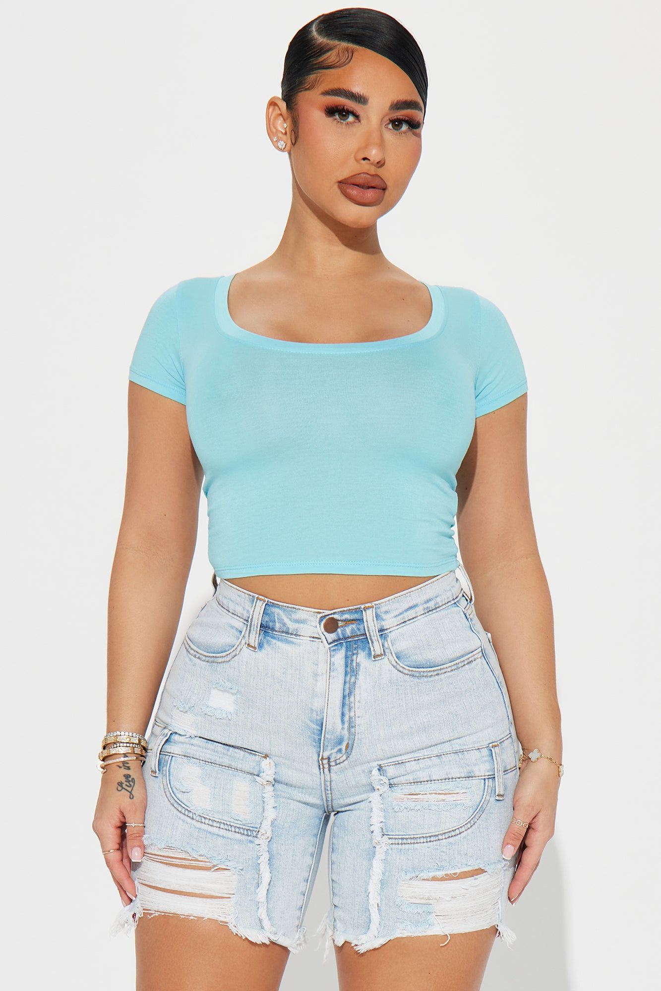 Ally Short Sleeve Tee - Acid Wash Blue sold by Fashion Nova