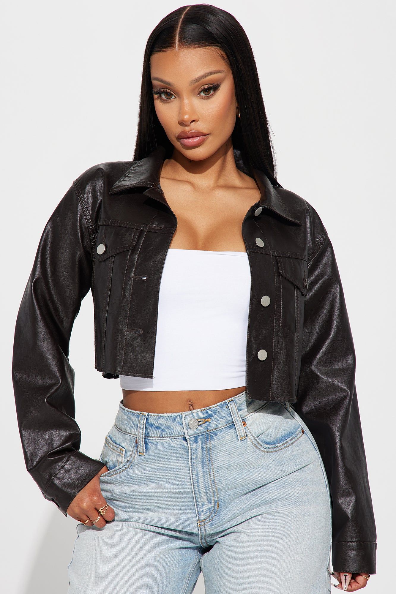 Taking Shortcuts Faux Leather Cropped Jacket - Brown sold by Fashion Nova