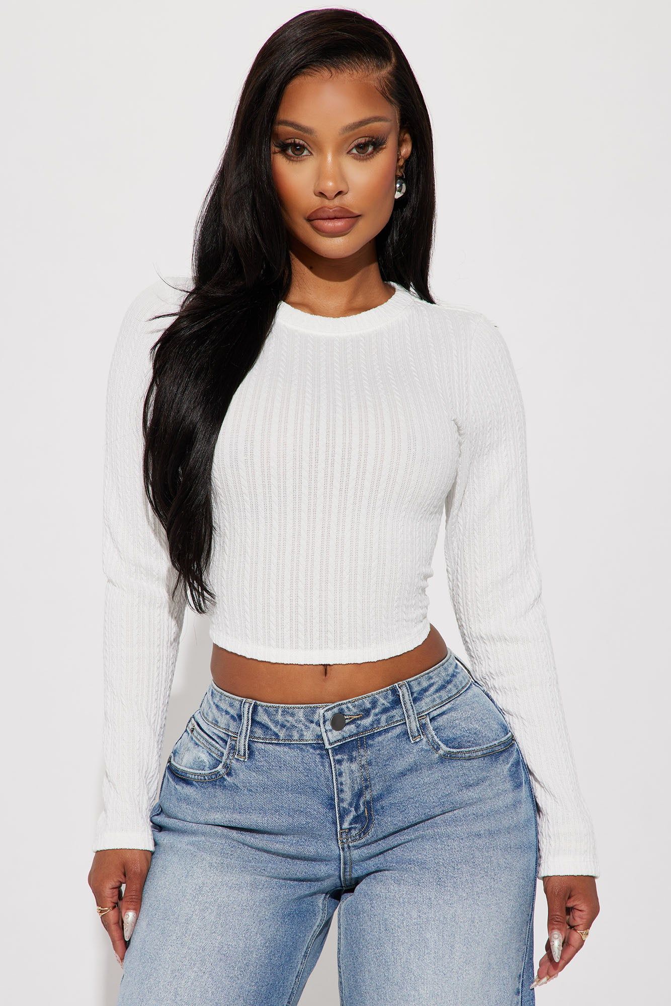 Maggie Long Sleeve Crop Top - Off White sold by Fashion Nova