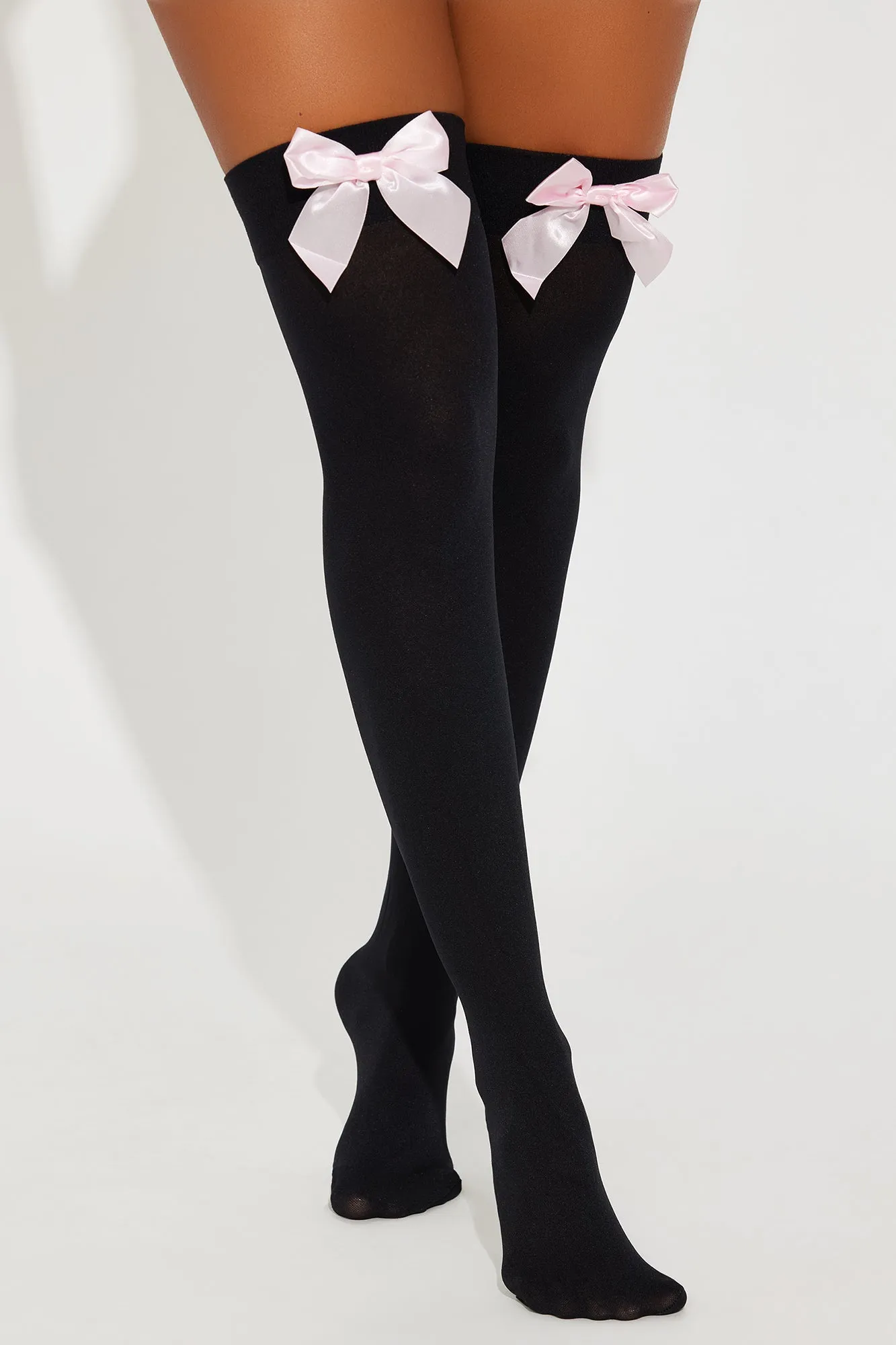 Sweet Desires Sheer Bow Thigh Highs - Black/Pink sold by Fashion Nova