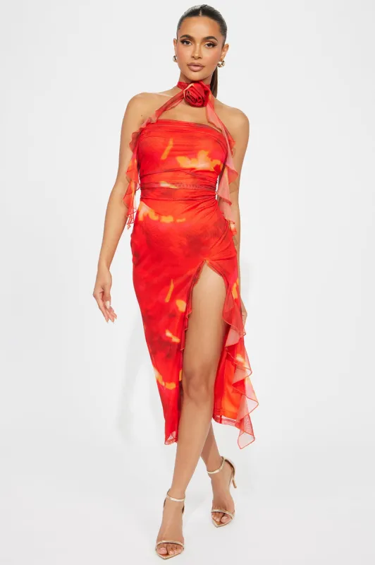 Scarlet Blaze Mesh Midi Dress - Red/combo sold by Fashion Nova