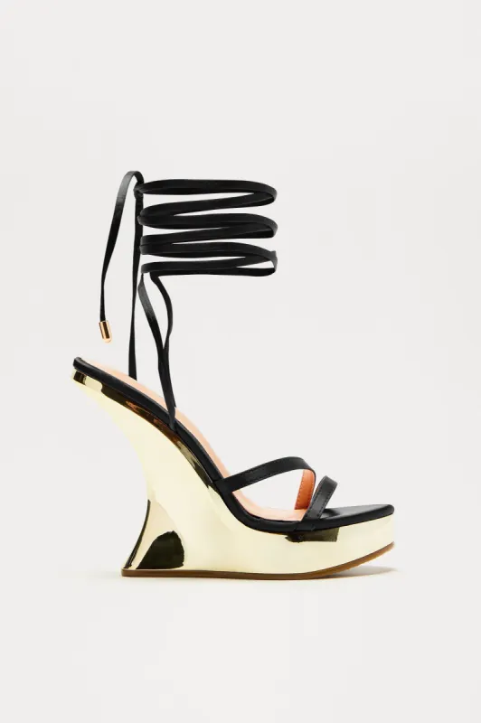 Out Of Time Wrap Up Wedges - Black sold by Fashion Nova