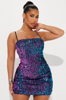 Bright Light Sequin Mini Dress - Purple/combo sold by Fashion Nova