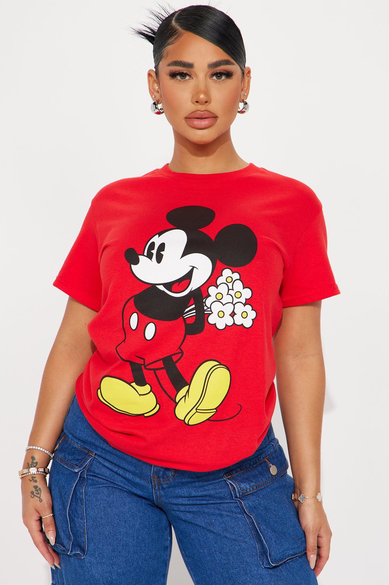 Mickeys Flowers Graphic Tee - Red sold by Fashion Nova