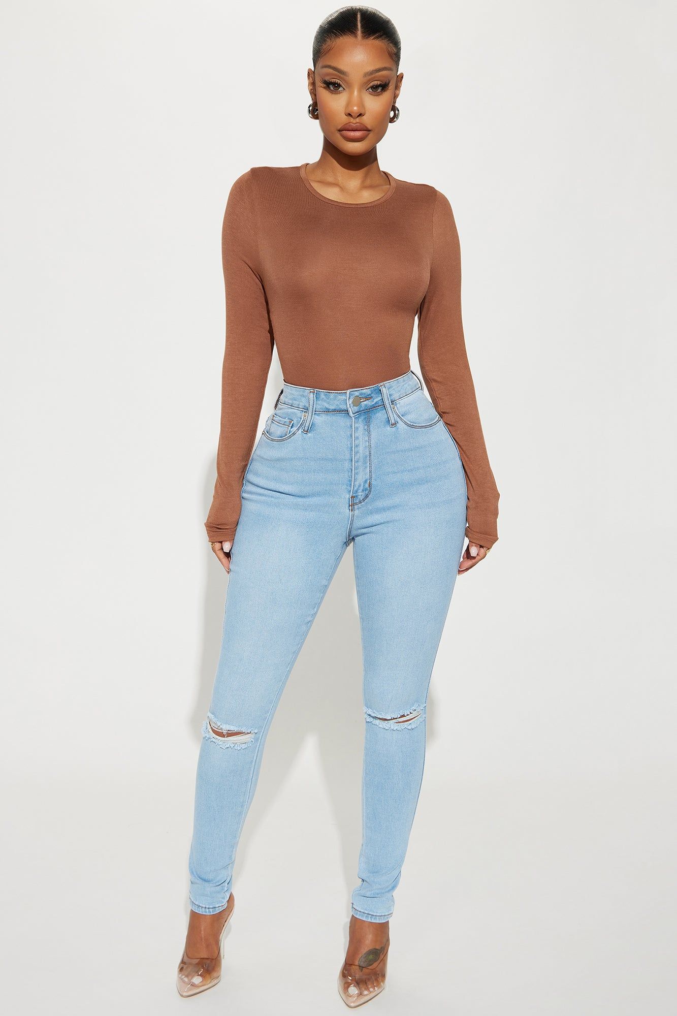 Here We Are Ripped Stretch Skinny Jeans - Light Wash sold by Fashion Nova