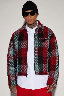 Beverly Tweed Cropped Chore Jacket - Red/combo sold by Fashion Nova