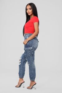 Take A Lap High Rise Cargo Jeans - Medium Blue Wash sold by Fashion Nova