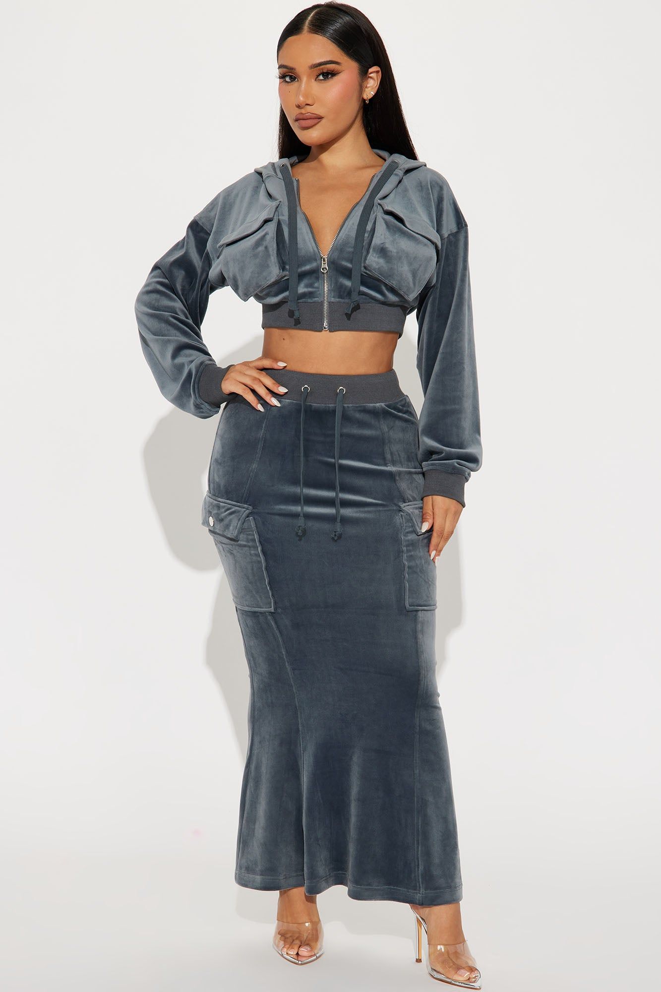Paisley Velour Maxi Skirt Set - Charcoal sold by Fashion Nova