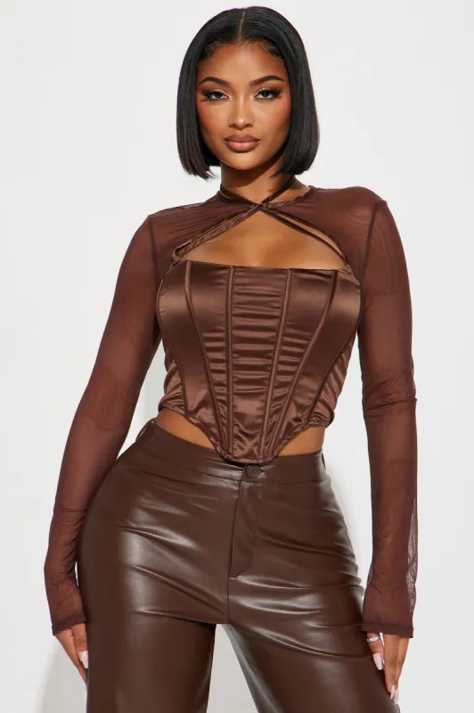 Scarlett Satin Corset Top - Brown sold by Fashion Nova