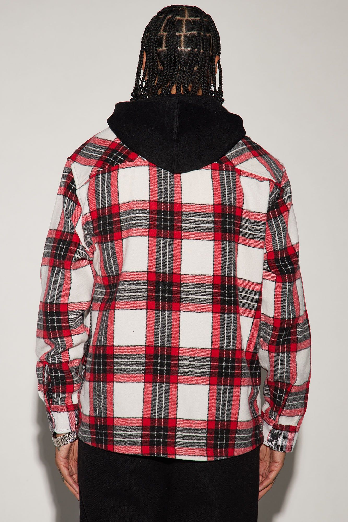 Stacking Hooded Flannel Shacket - Red/combo sold by Fashion Nova product image thumbnail 4