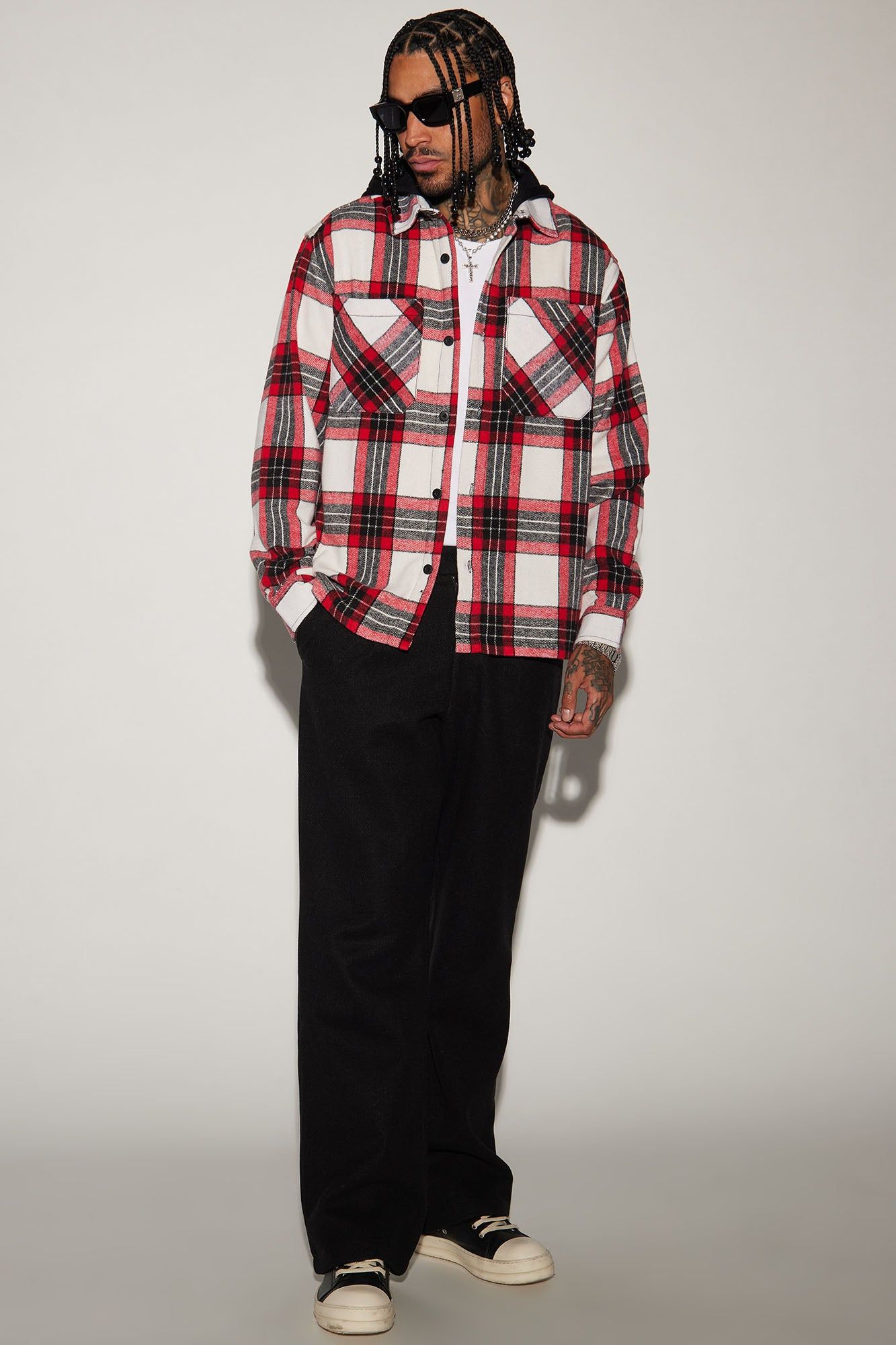 Stacking Hooded Flannel Shacket - Red/combo sold by Fashion Nova product image thumbnail 2