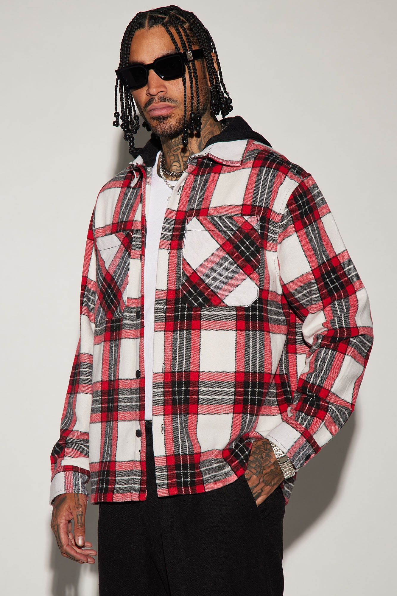 Stacking Hooded Flannel Shacket - Red/combo sold by Fashion Nova