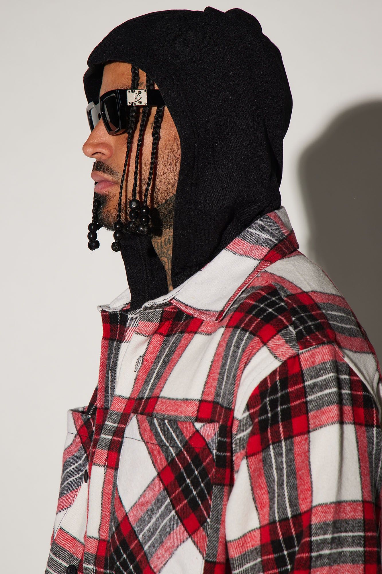 Stacking Hooded Flannel Shacket - Red/combo sold by Fashion Nova product image thumbnail 3