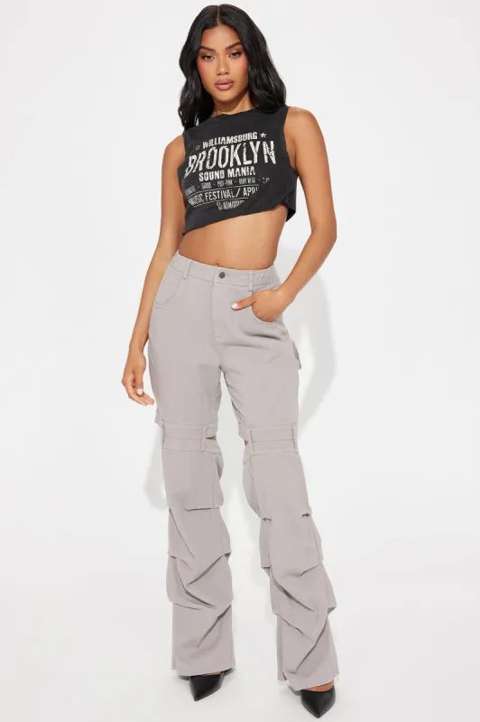 Just A Taste Stacked Cutout Pant - Grey sold by Fashion Nova